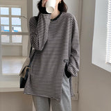 Pure Cotton Striped T-Shirt Women's Bottoming Shirt Korean Version Of The Large-Size Loose Open-Fork Niche Long-Sleeved Top Spring And Autumn Tide