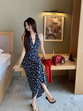 French Vintage V-Necked Blue Broken Flower Dress Women's Summer 2026 New Spice Girls Hanging Sleeveless Dress