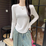 Early Autumn New Round Collar Shoulder Long-Sleeved T-Shirt Woman With Design Curved Hem Fish Bone Top