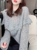 Spring Dress Wearing Hook Flower Hollow Sweater Female Lotus Leaf Side Gray Soft Glutinous Loose Collar Knitting Top