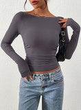 Women's Long Sleeve 2025 Autumn Word Collar Basic T-Shirt Casual Rib Knitted Corrugated Tribs