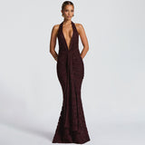 2025 Sexy Deep V-Dex-Back Hip Dress New Folded Tuxedo Fishtail Dress