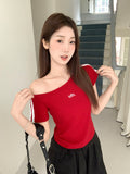 Sweet Spice Girl Embroidered Slanted Shoulder Short Sleeve T-Shirt Women's Summer New Two Bars Designed To Show Skinny T-Shirt