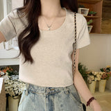 Positive Shoulder Low Round Collar Collar Collar Collar Collar Collar Collar Short Sleeve T-Shirt 2026 New Pure Cotton Slimming U Collar Inside The Top