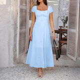 Dili 2025 Spring And Summer Temperament Elegant Solid Color Tie With Folding Bubble Bubble Sleeves French Dress Women's Dress