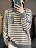 Autumn And Winter Striped Hooded Bottom Knitted Women's Coat Sweater Loose Fashion Hoodie Jersey
