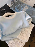 Korean Fresh Lace Side Splicing Hollow Short-Sleeved T-Shirt For Women's Summer French Ice Collar Collar