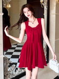 Red Sweet Wind Pure Want To Show Thin Slings Short Skirt French Bow Design Temperament 100 Fold Dress