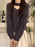 White Hanging Neck Horse Hair Sweater Women Autumn And Winter V Collar With Knitted Bottom Shirt Soft Porridge Velvet High-End Top