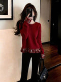 French High-End Fine Shiny Red Knitted Shirt Women 2025 Winter New Fashion Elegant Top