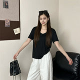 Det-Collared U-Neck Short-Sleeved T-Shirt Women's Summer Version Of Large-Size Bottom Shirt Fat Sister Thin Belly On The Shoulder