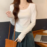 Round Collar Shoulder Cotton T-Shirt Women's Long Sleeves With Autumn New Elastic Slimming Hottie Bottom Shirt