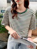 Striped T-Shirt Women's Short-Sleeved Summer 2025 New Cotton Top Loose Thin Circle Neck-Triped Style