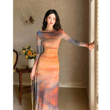 French Hottie Sunset Tie Dye Print Neckline Mesh Dress Femininity Slim Waist Thin Holiday Dress