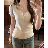 Tight Body Thin Shoulder U Collar Spliced Broken Flower Short-Sleeved T-Shirt Girl Spring And Summer Pure Lust Bm Wind Half-Opened Two-Piece Blouse