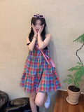Colored Lattice Dopamine Sling Dress Women's Spring 2026 New Loose Thin Sweet Temperament Skirt
