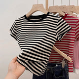 Vintage Port Windy Striped Striped Short-Sleeved T-Shirt Girl 2025 Summer New Slim Design Feeling