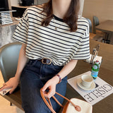 Summer Striped Short-Sleeved Women's T-Shirt 2026 New Pure Cotton Loose Tops Only Special Shoulder Half-Sleeve