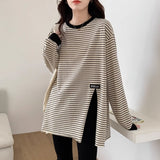 Pure Cotton Striped T-Shirt Women's Bottoming Shirt Korean Version Of The Large-Size Loose Open-Fork Niche Long-Sleeved Top Spring And Autumn Tide