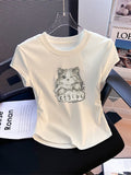 Pure Cotton Short-Sleeved Female Design Sense Niche Cat Print Short-Sleeved T-Shirt Summer Body Straight Shoulder Chic Beautiful Top