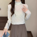 Half-High Collar Long-Sleeved Bottom Shirt T-Shirt Women's Autumn And Winter Lace Wood Ear With Velvet Thick And Stacked Inside And Put On The Top