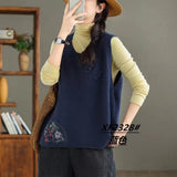 Vintage Art Buckle Embroidered Knitted Vest For Women's Extra-In-2025 Spring New Round-Neck Cotton Sweater Vest