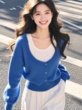Blue Fake Two Design Knitted Sweater Women's 2025 Spring Dress New Wear Cool Twig Sister Top