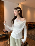 Korean Solid Color Collar One-Word Collar Shoulder Long-Sleeved T-Shirt Women's 2026 New Early Autumn Super Good-Looking Lace Top