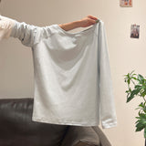 Gray Oblique Shoulder Long-Sleeved T-Shirt Girl Early Autumn Loose Word Shoulder Slack Feeling Hottie Sexy Unique Temperament Blouse
