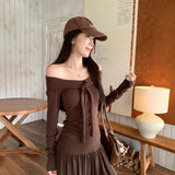 Temperament Suit Tied With Long-Sleeved T-Shirt On The Shoulder Of The Female Autumn High Waist Hanging Half Skirt Dress Two Sets