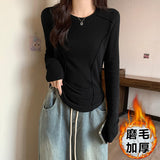 White Long-Sleeved Bottom Shirt Women In Autumn And Winter With A Short Fish Bone Top Design Embroidered Plus Velvet Hair T-Shirt