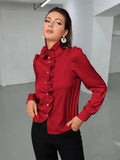 New High-End Acetic Acid Fabric Shirt Long-Sleeved Wooden Ear Straight-Shaped Women's Top Shirt