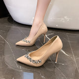 Black 2025 New Water Drill High Heels Women's Large-Size Fine Heel Single Shoes Gentle Fairy Style With Skirt Women's Shoes