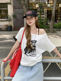 Korean Flower Gray Puppy Letter Print Oblique Shoulder Short-Sleeved T-Shirt Women's Summer New Fashion Top