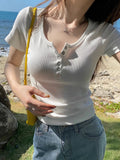 Small Tight Hottie Shoulder Short-Sleeved T-Shirt Girl Summer Simple Buckle Design Short Thin Clothes