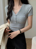 Blue Shoulder V-Neck Chic Embroidered Short-Sleeved T-Shirt For Women's Summer New Design-Scuffed Shoal Blouse