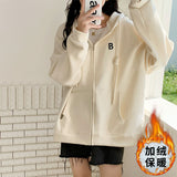 Plus Velvet Loose Hooded Jacket Women Autumn And Winter 2026 New Wine Red Zipper Open Shirt Thick Coat Women Lazy Wind