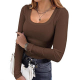 2025 Women's Women's Ribs Cotton Fabric Basic Round Neck Solid Color Long-Sleeved T-Shirt Repair