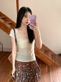 Unique Smoke Gray U Neck Collar Collar Collar Collar Collar Slightly Through The Shoulder Short-Sleeved T-Shirt Girl Summer Slimming New Chic Top