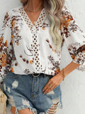 New Tat Lace Wind V Collar Bat Sleeve Print Casual T-Shirt Blouse Chiffon