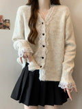 Korean Version Of Loose Lace Splicing V-Neck Sweater Coat Women Autumn Thick Chic Atmosphere Soft Knitting Top