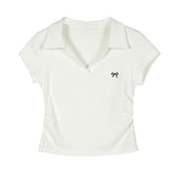 Pure Cotton Youth College Style POLO Shirt Shoulder Short Sleeve T-Shirt Female Collar Bow Embroidery Wrinkles Waist Top