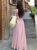 French Pink Sling Skirt Sleeveless Dress Women's Summer Small Net Yarn Waist Temperament Seaside Holiday Long Skirt