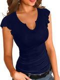 2025 Summer New Solid Color V-Necked Leaf Sleeve Short-Sleeved Lady Top