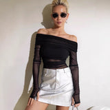 Women's Clothing 2025 Spring And Summer New Solid Color Repair Fashion Word-Collar Mesh Yarn Long-Sleeved Top Woman