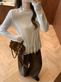 Early Autumn Wear Temperament Grid Slim Thin Long-Sleeved T-Shirt Splicing Lace Under The Hem Of The Bottom Shirt Top Woman
