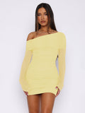 New Autumn Hot Slanted Shoulder Net Folded Long-Sleeved Dress Body Slimy Sexy Bag-Butty Dress Girl