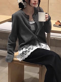 Korean Retro Gray Knitted Cardigan Sweater Coat Women Early Spring With Folding Design Sense Of Unique Top