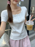 Pure Lust Lace Low Round Neck T-Shirt Women 2026 Summer New Collar Button Repair Bottom Shirt Top