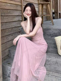 French Pink Sling Skirt Sleeveless Dress Women's Summer Small Net Yarn Waist Temperament Seaside Holiday Long Skirt
